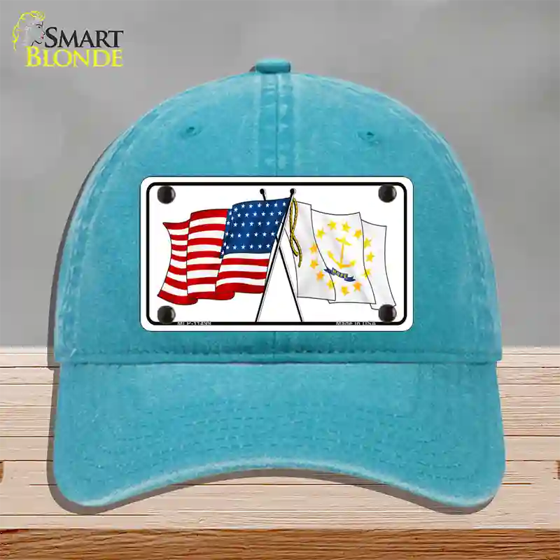 Rhode Island Crossed US Flag Novelty License Plate Hat Unconstructed Cotton / Lake Blue