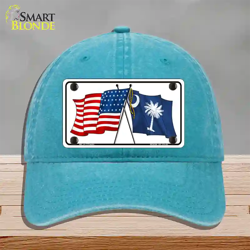 South Carolina Crossed US Flag Novelty License Plate Hat Unconstructed Cotton / Lake Blue