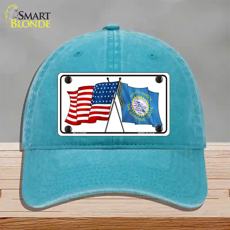 South Dakota Crossed US Flag Novelty License Plate Hat Unconstructed Cotton / Lake Blue