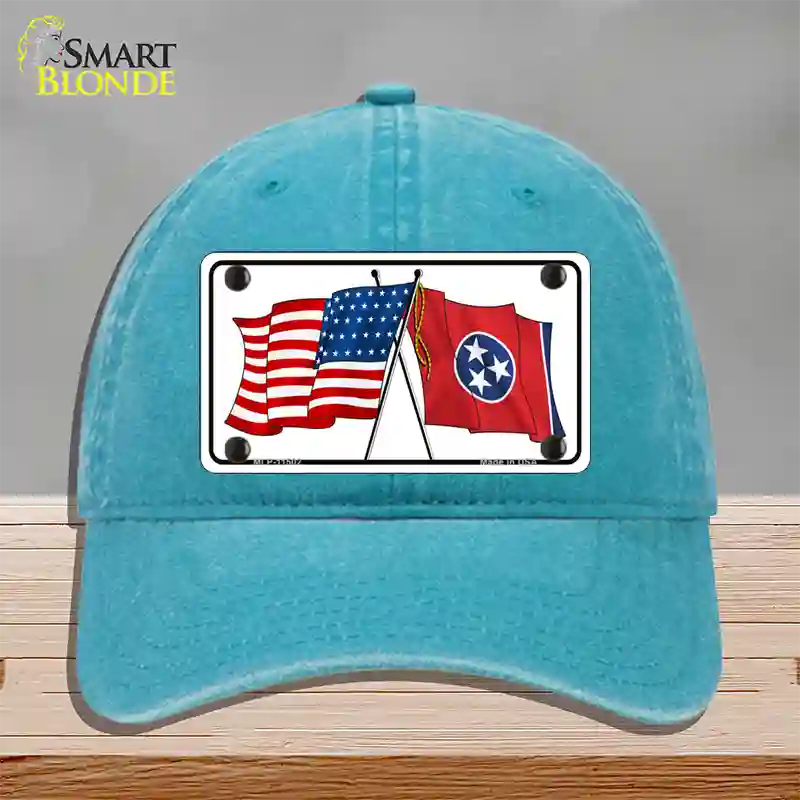 Tennessee Crossed US Flag Novelty License Plate Hat Unconstructed Cotton / Lake Blue