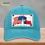 Texas Crossed US Flag Novelty License Plate Hat Unconstructed Cotton / Lake Blue