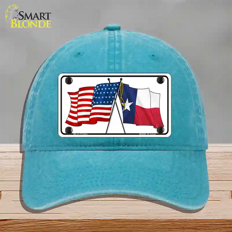 Texas Crossed US Flag Novelty License Plate Hat Unconstructed Cotton / Lake Blue