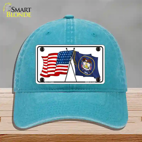 Utah Crossed US Flag Novelty License Plate Hat Unconstructed Cotton / Lake Blue