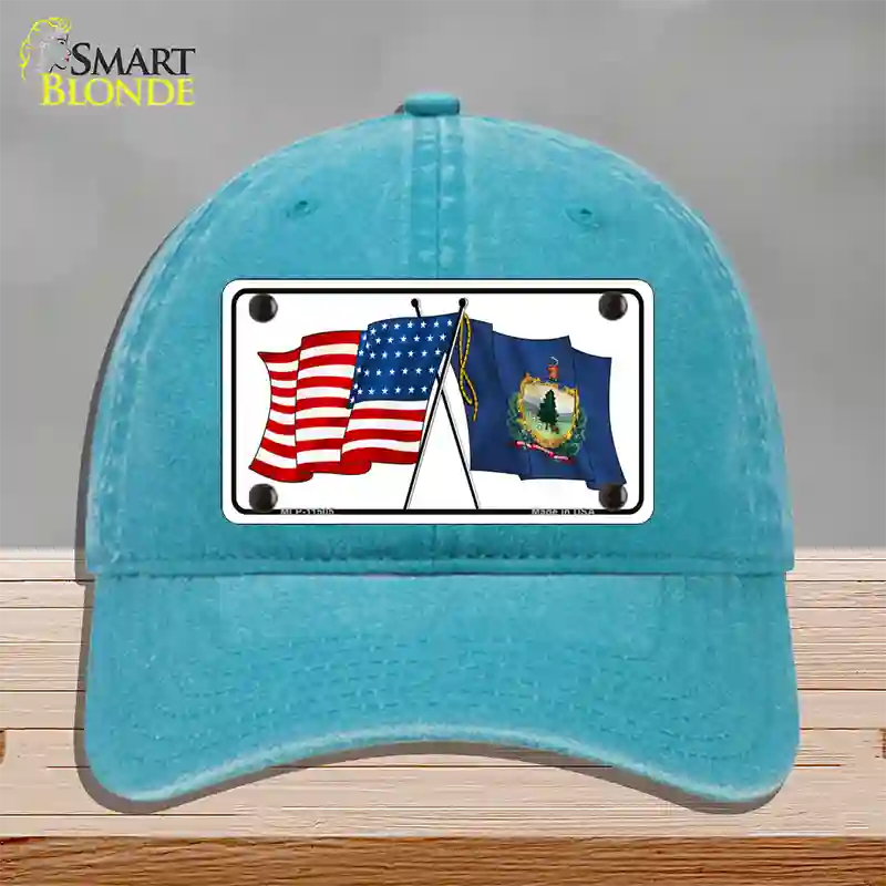 Vermont Crossed US Flag Novelty License Plate Hat Unconstructed Cotton / Lake Blue