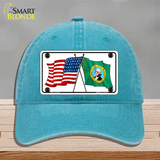 Washington Crossed US Flag Novelty License Plate Hat Unconstructed Cotton / Lake Blue