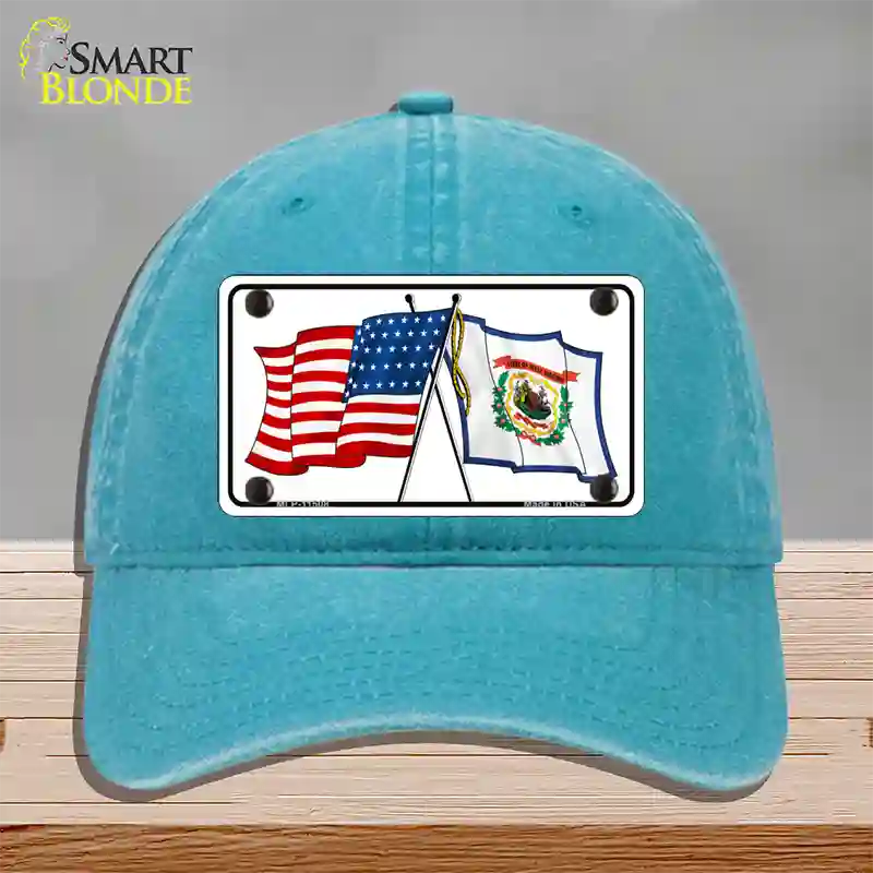 West Virginia Crossed US Flag Novelty License Plate Hat Unconstructed Cotton / Lake Blue