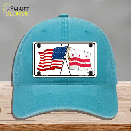 Washington DC Crossed US Flag Novelty License Plate Hat Unconstructed Cotton / Lake Blue