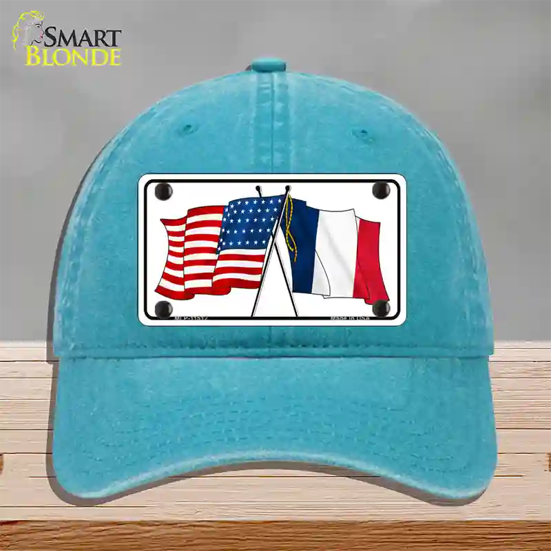 France Crossed US Flag Novelty License Plate Hat Unconstructed Cotton / Lake Blue