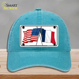 France Crossed US Flag Novelty License Plate Hat Unconstructed Cotton / Lake Blue