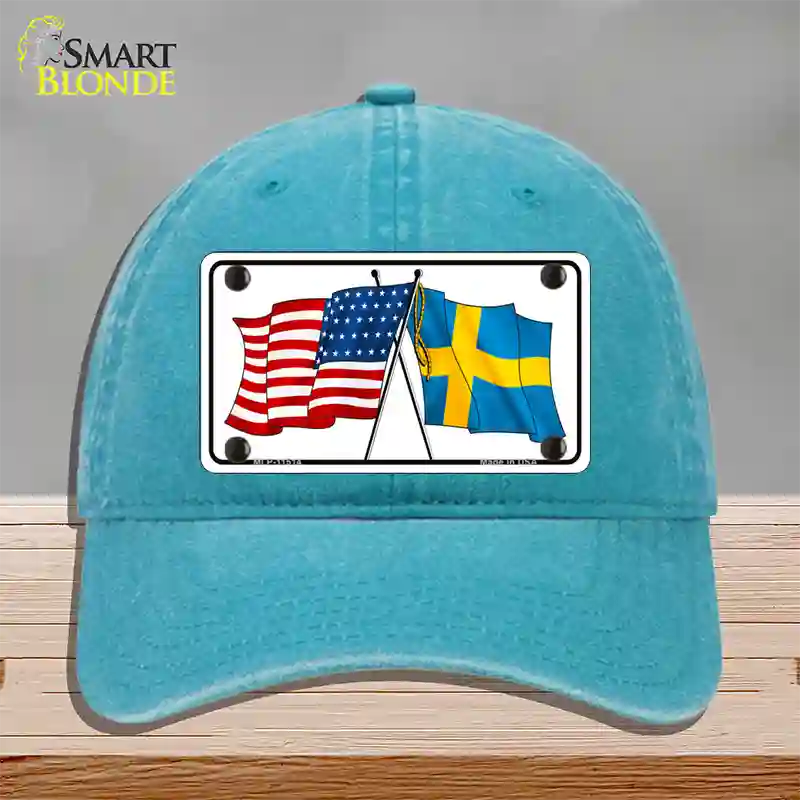 Sweden Crossed US Flag Novelty License Plate Hat Unconstructed Cotton / Lake Blue