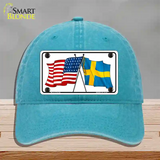 Sweden Crossed US Flag Novelty License Plate Hat Unconstructed Cotton / Lake Blue