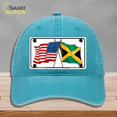 Jamaica Crossed US Flag Novelty License Plate Hat Unconstructed Cotton / Lake Blue