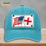 England Crossed US Flag Novelty License Plate Hat Unconstructed Cotton / Lake Blue