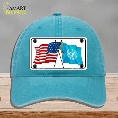 United Nation Crossed US Flag Novelty License Plate Hat Unconstructed Cotton / Lake Blue