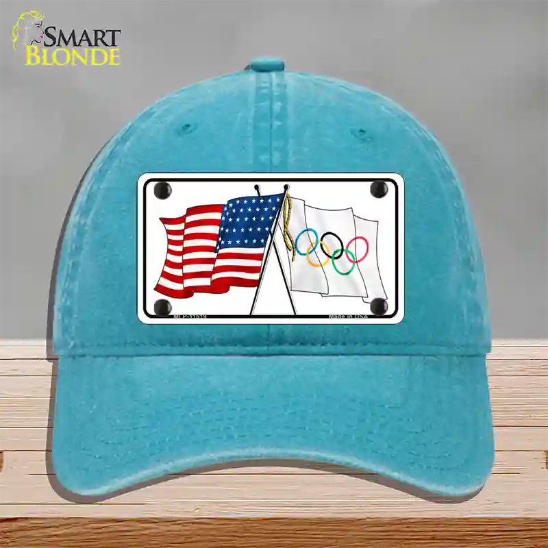 Olympic Crossed US Flag Novelty License Plate Hat Unconstructed Cotton / Lake Blue