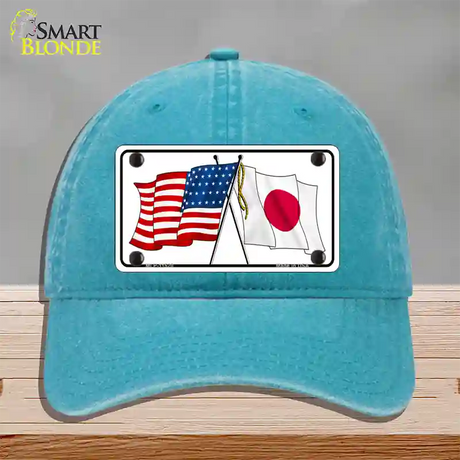 Japan Crossed US Flag Novelty License Plate Hat Unconstructed Cotton / Lake Blue