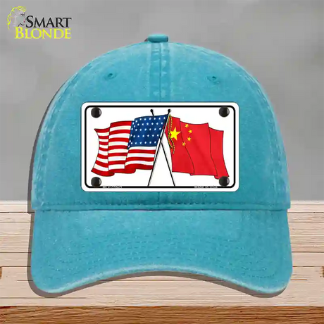 China Crossed US Flag Novelty License Plate Hat Unconstructed Cotton / Lake Blue