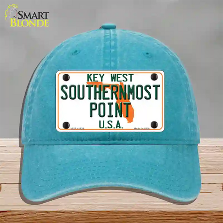 Key West Southernmost Point Novelty License Plate Hat Unconstructed Cotton / Lake Blue