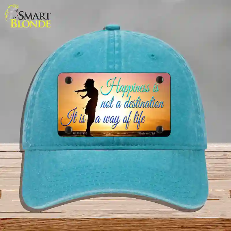 Happiness Way Of Life Sunset Novelty License Plate Hat Unconstructed Cotton / Lake Blue