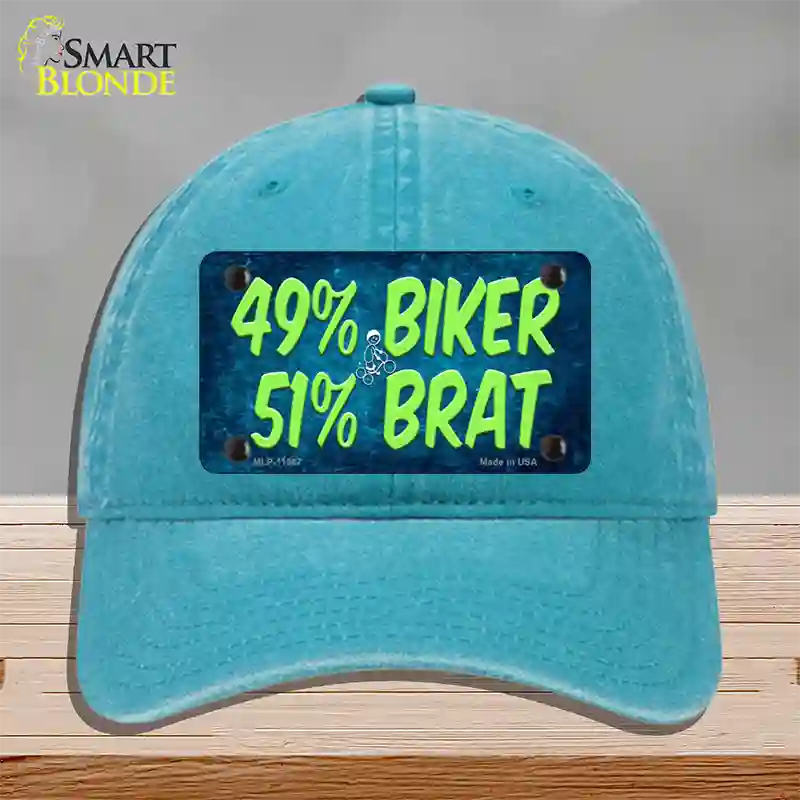 49% Biker 51% Brat Novelty License Plate Hat Unconstructed Cotton / Lake Blue