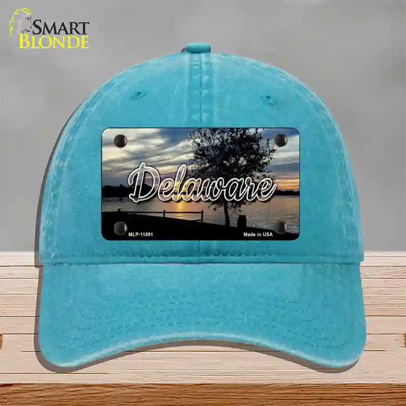 Delaware River Sunset State Novelty License Plate Hat Unconstructed Cotton / Lake Blue