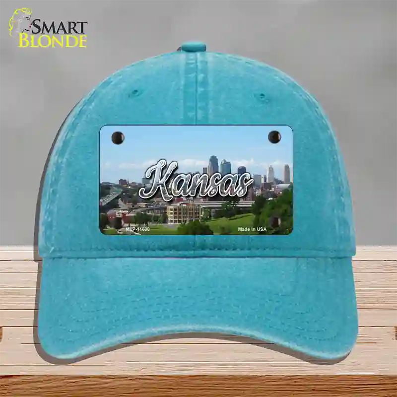 Kansas Downtown Skyline State Novelty License Plate Hat Unconstructed Cotton / Lake Blue