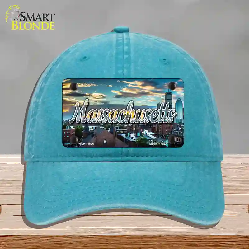 Massachusetts Sunset Skyline State Novelty License Plate Hat Unconstructed Cotton / Lake Blue