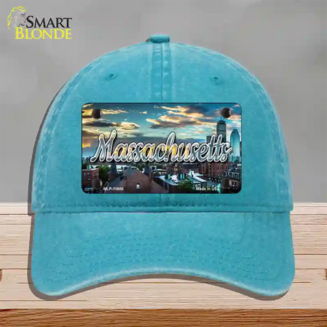 Massachusetts Sunset Skyline State Novelty License Plate Hat Unconstructed Cotton / Lake Blue