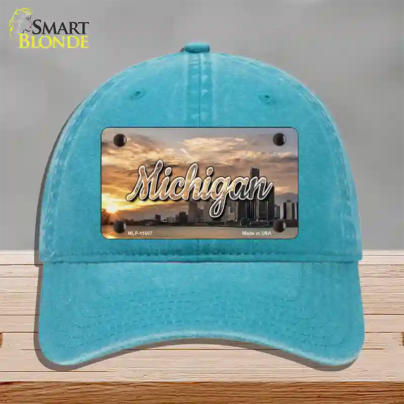 Michigan City Sunset State Novelty License Plate Hat Unconstructed Cotton / Lake Blue