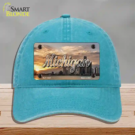 Michigan City Sunset State Novelty License Plate Hat Unconstructed Cotton / Lake Blue