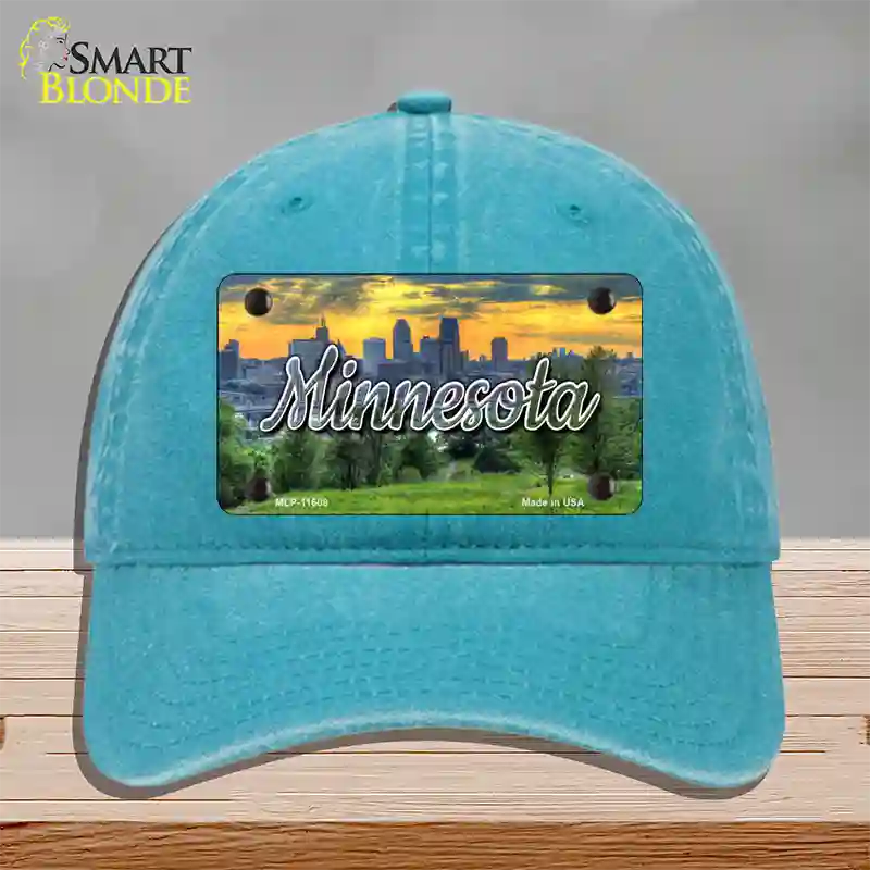 Minnesota City Skyline Sunset State Novelty License Plate Hat Unconstructed Cotton / Lake Blue