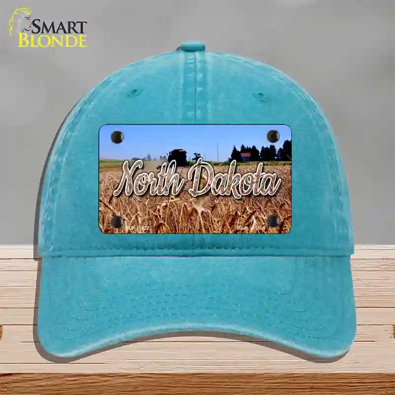 North Dakota Wheat Farm State Novelty License Plate Hat Unconstructed Cotton / Lake Blue