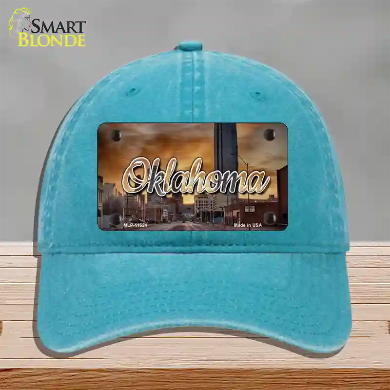 Oklahoma Sunset Skyline State Novelty License Plate Hat Unconstructed Cotton / Lake Blue