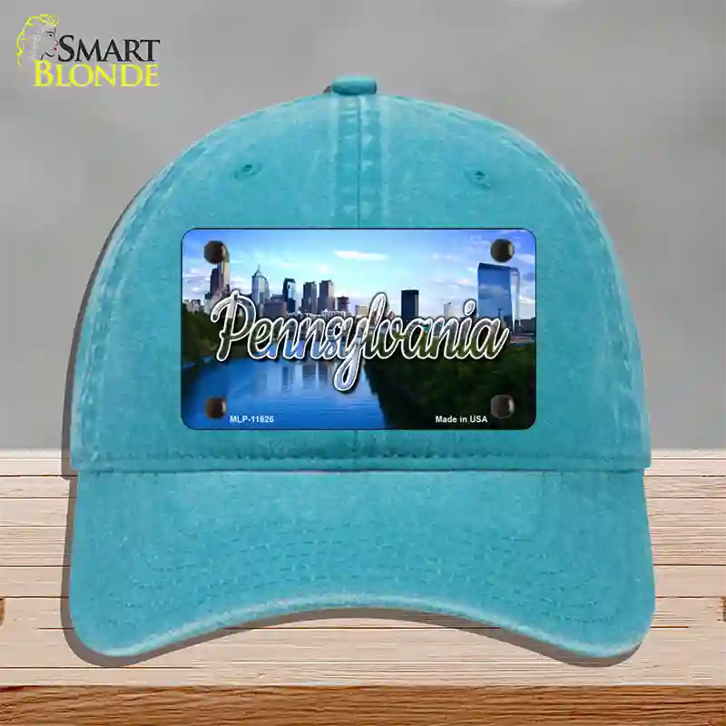 Pennsylvania Delaware City Skyline State Novelty License Plate Hat Unconstructed Cotton / Lake Blue