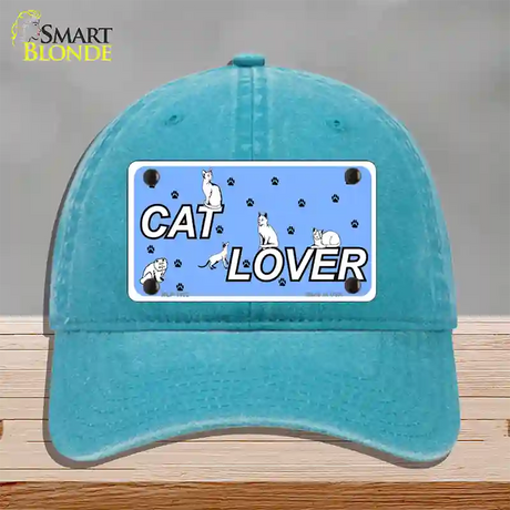 Cat Lover Novelty License Plate Hat Unconstructed Cotton / Lake Blue