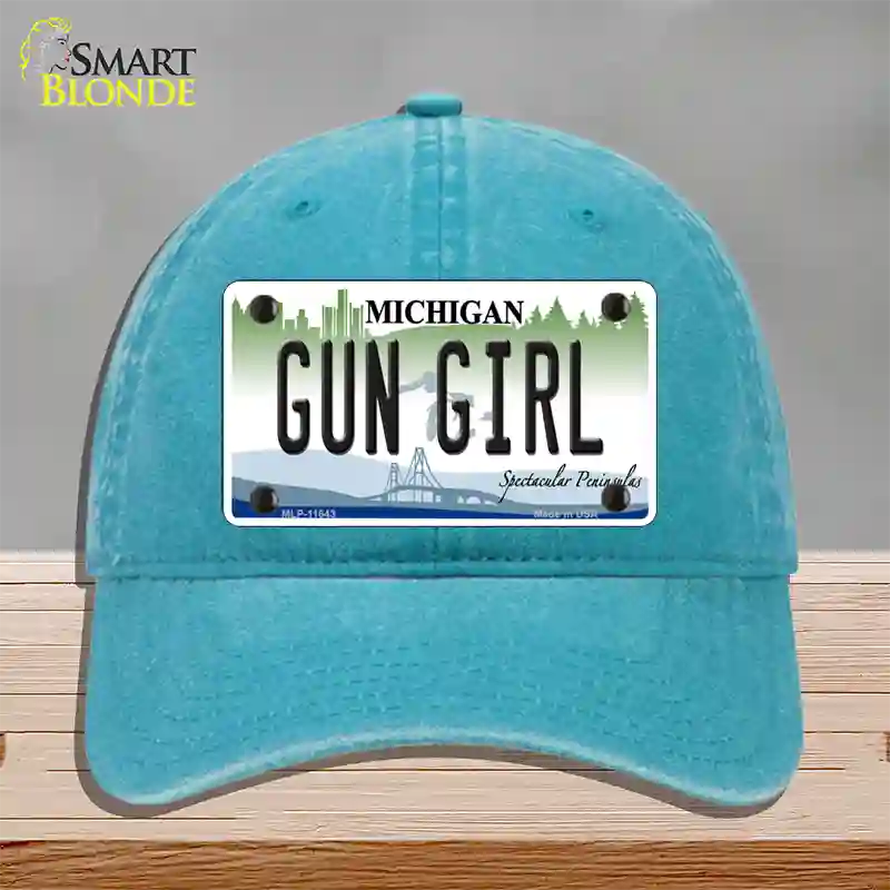 Gun Girl Michigan Novelty License Plate Hat Unconstructed Cotton / Lake Blue