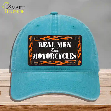 Real Men Ride Motorcycles Novelty License Plate Hat Unconstructed Cotton / Lake Blue