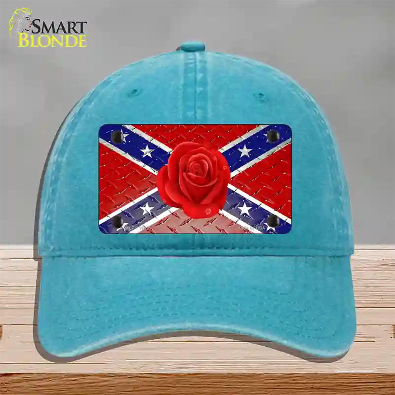 Confederate Flag With Red Rose Novelty License Plate Hat Unconstructed Cotton / Lake Blue