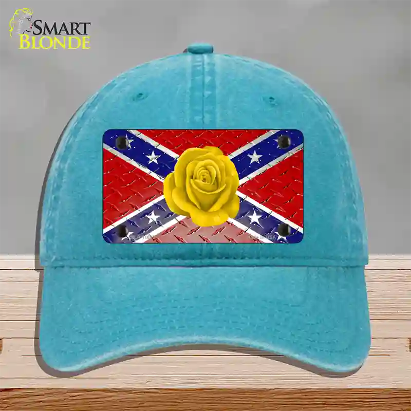 Confederate Flag With Yellow Rose Novelty License Plate Hat Unconstructed Cotton / Lake Blue