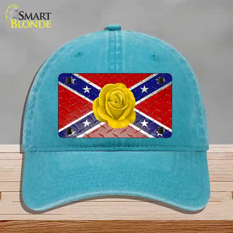 Confederate Flag With Yellow Rose Novelty License Plate Hat Unconstructed Cotton / Lake Blue