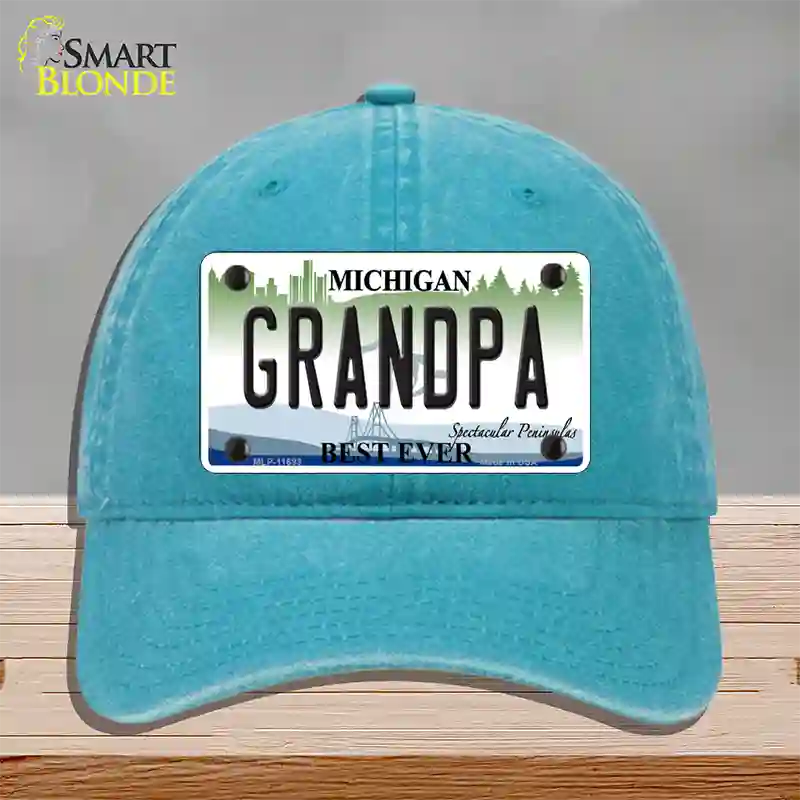 Grandpa Michigan Novelty License Plate Hat Unconstructed Cotton / Lake Blue