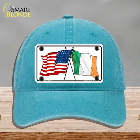 Ireland USA Crossed Flag Novelty License Plate Hat Unconstructed Cotton / Lake Blue