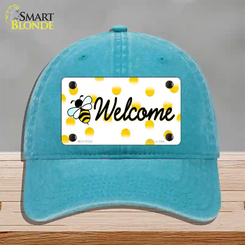 Welcome Bee Novelty License Plate Hat Unconstructed Cotton / Lake Blue