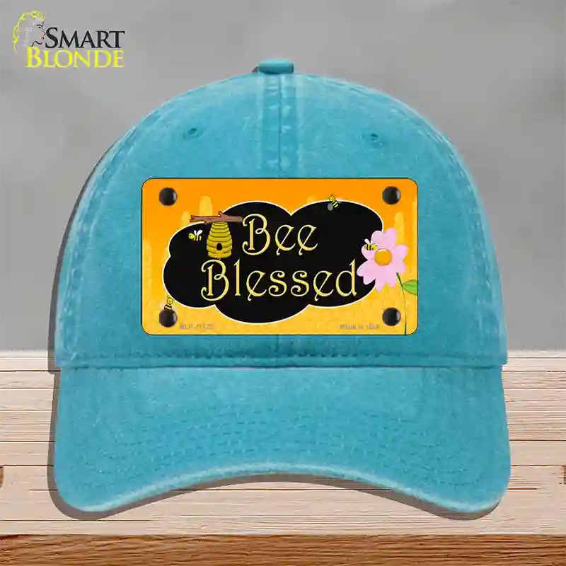 Bee Blessed Honey Hive Novelty License Plate Hat Unconstructed Cotton / Lake Blue