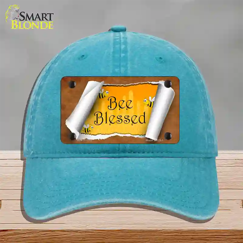 Bee Blessed Scroll Novelty License Plate Hat Unconstructed Cotton / Lake Blue