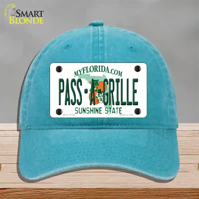 Pass A Grille Florida Novelty License Plate Hat Unconstructed Cotton / Lake Blue