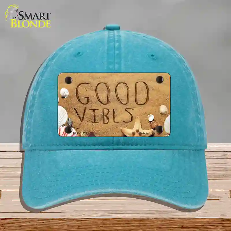 Good Vibes in the Sand Novelty License Plate Hat Unconstructed Cotton / Lake Blue