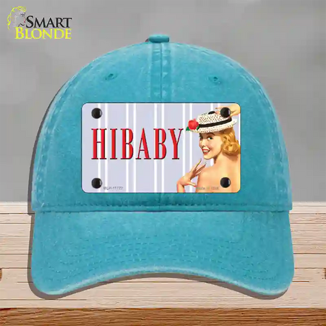 Hi Baby Vintage Pinup Novelty License Plate Hat Unconstructed Cotton / Lake Blue