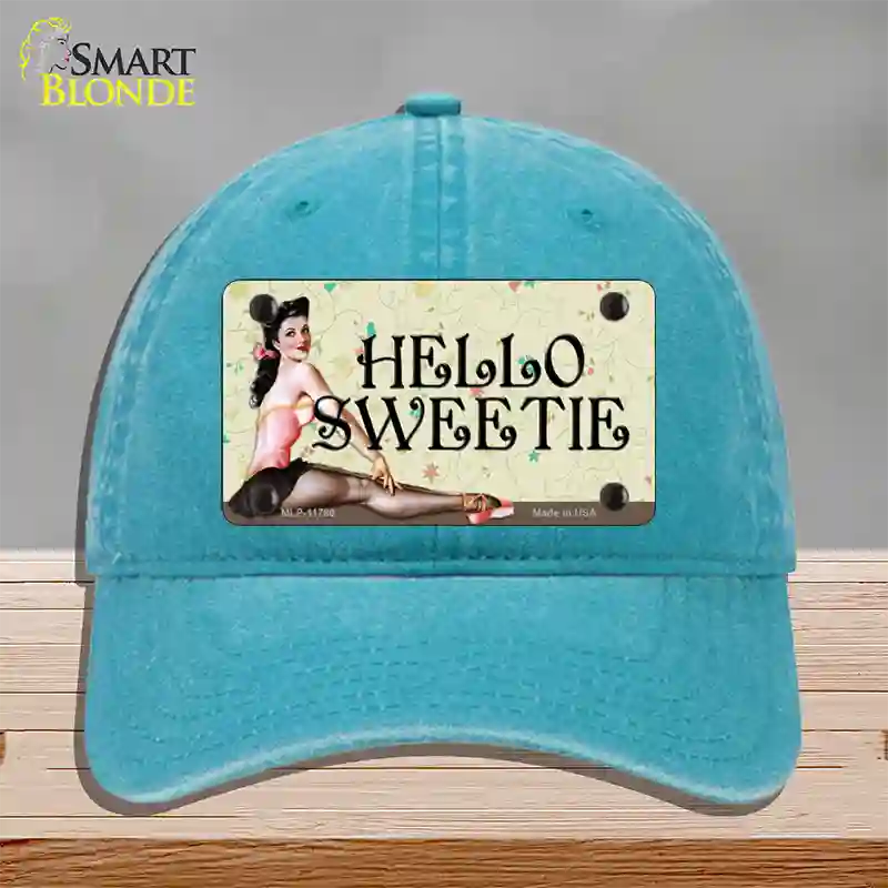 Hello Sweetie Vintage Pinup Novelty License Plate Hat Unconstructed Cotton / Lake Blue