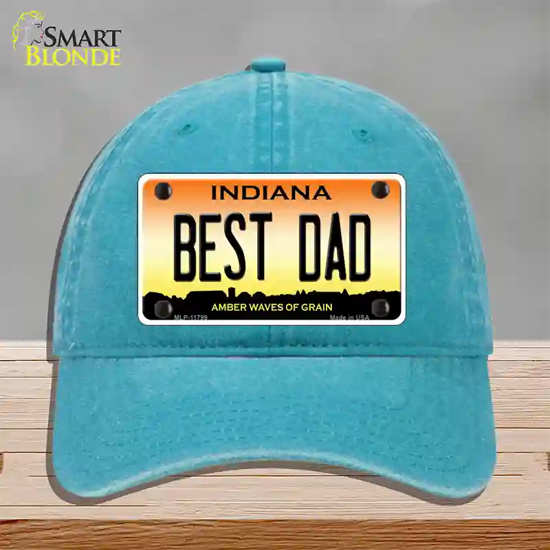 Best Dad Indiana Novelty License Plate Hat Unconstructed Cotton / Lake Blue